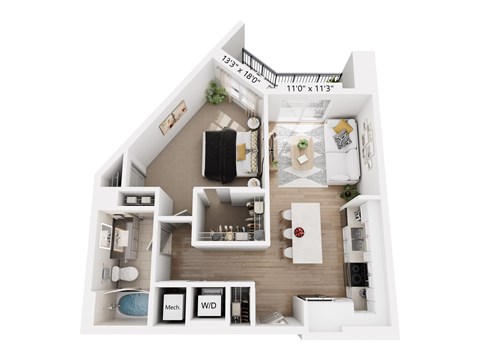 Floor plan for 1 bed, 1 bath, 696 sqft